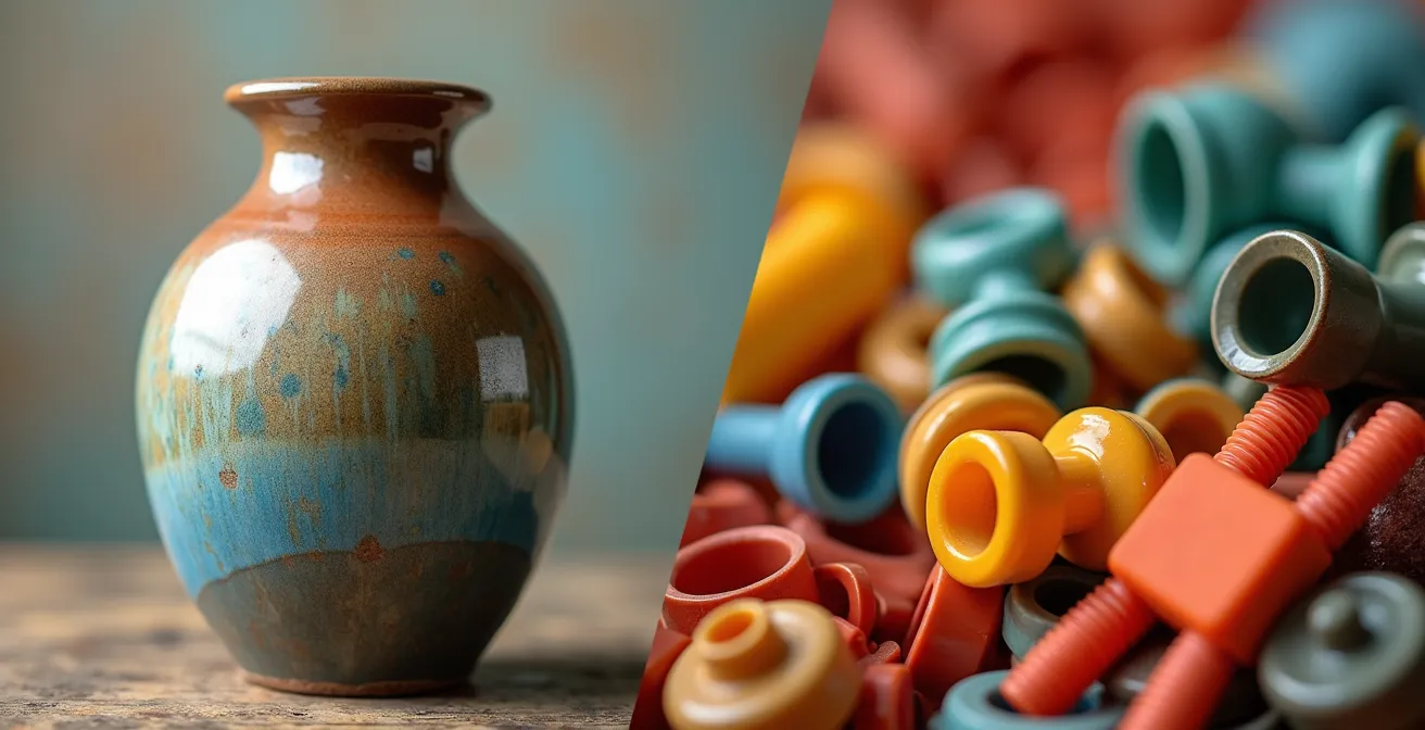 Composition montrant des céramiques artisanales canadiennes de qualité contrastant avec l'accumulation désordonnée