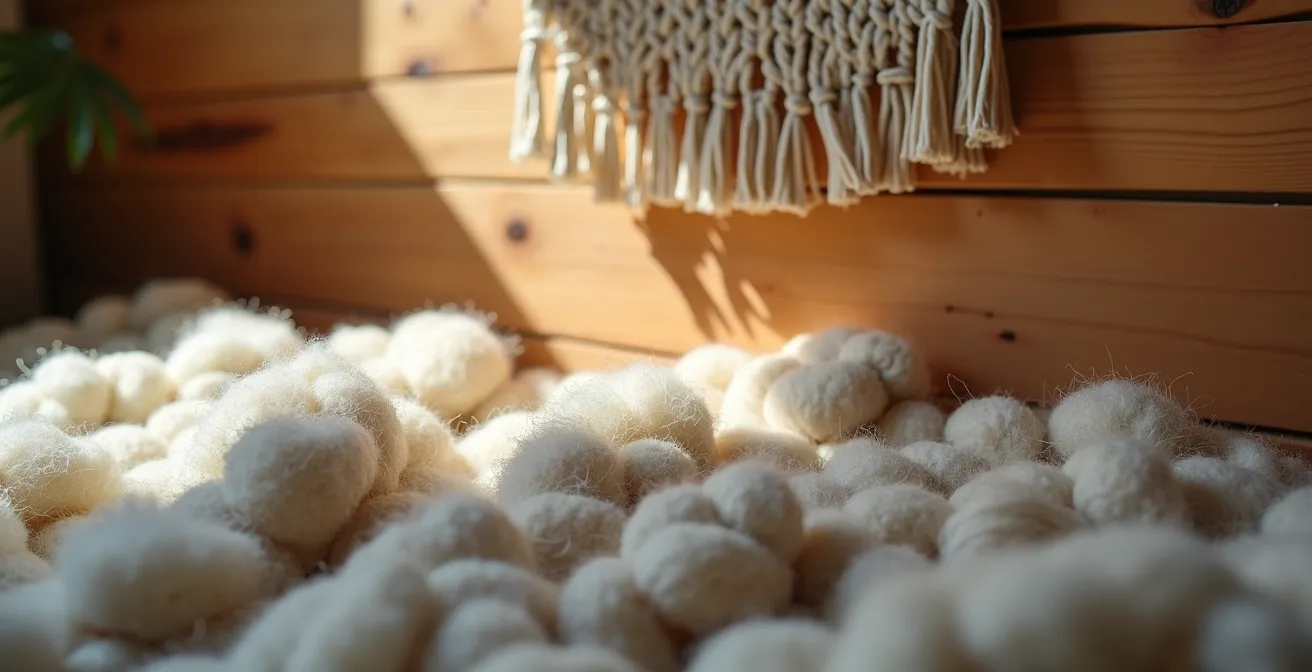 Détail macro de textures naturelles absorbant le son : laine épaisse, macramé et bois