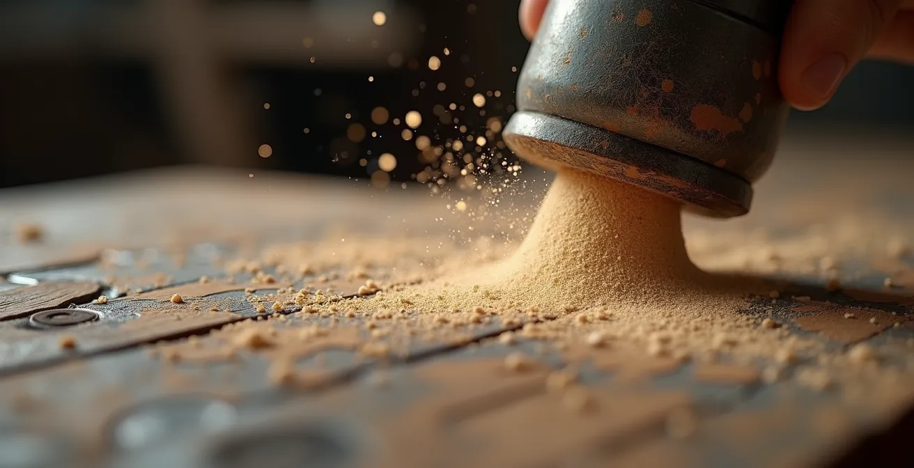 Technique d'aérogommage sur un buffet ancien en bois avec détails sculptés