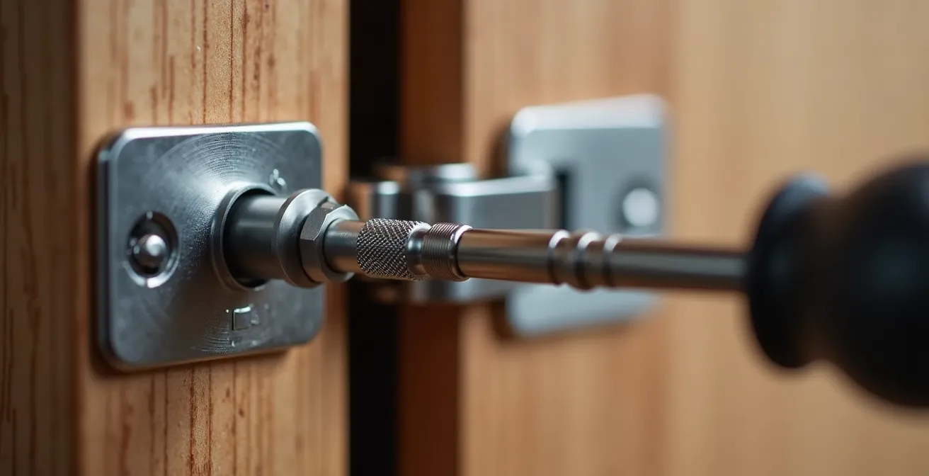 Gros plan sur l'ajustement d'une charnière de cuisine avec un tournevis de précision