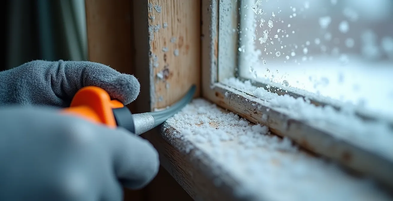 Application professionnelle de calfeutrage autour d'une fenêtre en hiver