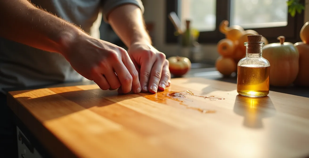 Gros plan sur une main appliquant de l'huile minérale sur un comptoir en bloc de boucher en érable canadien