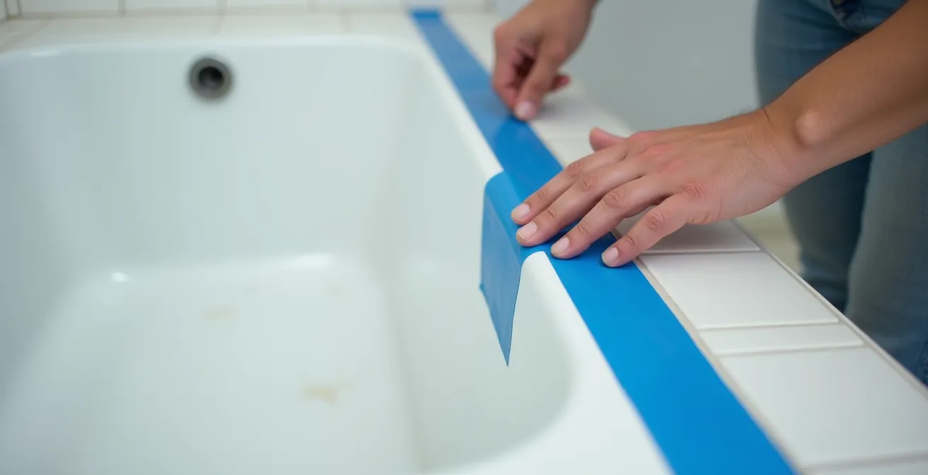 Application précise de silicone sanitaire avec ruban de masquage sur le contour d'une baignoire