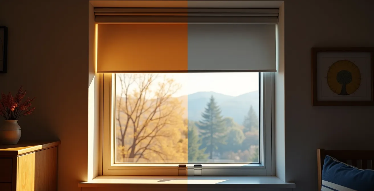 Vue latérale d'une fenêtre avec auvent montrant l'ombre en été et le soleil direct en hiver