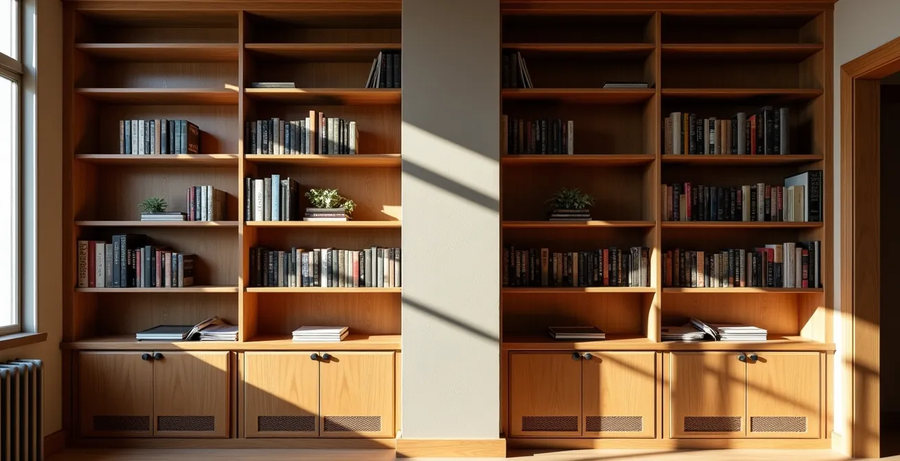 Bibliothèque sur mesure contournant élégamment une colonne structurelle et un radiateur