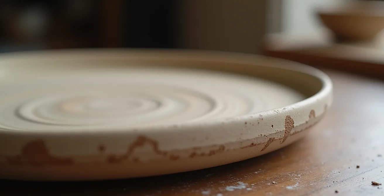 Gros plan sur une assiette en grès montrant les traces de doigts et la texture unique du tournage à la main