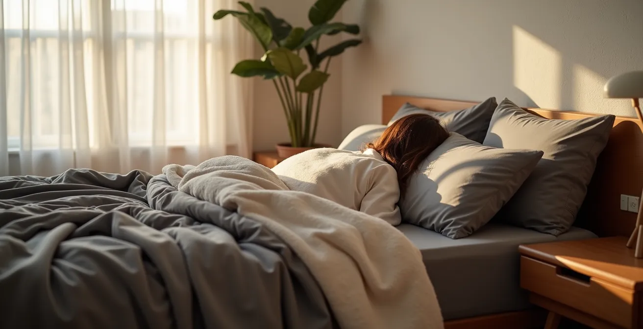 Chambre à coucher avec murs en blanc cassé chaud et accents en charbon doux créant une atmosphère reposante sans contraste agressif
