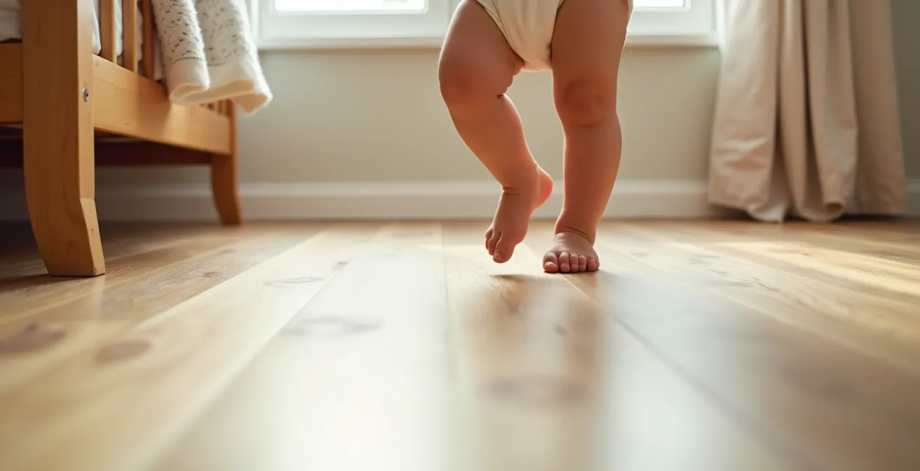 Chambre de bébé avec plancher en bois clair naturel et lumière douce