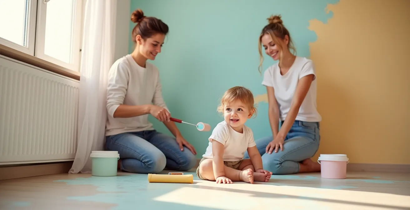Chambre d'enfant fraîchement peinte avec des peintures écologiques, fenêtre ouverte pour aération naturelle