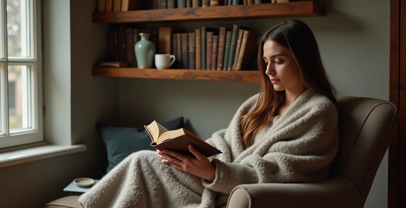 Niche de lecture aménagée avec fauteuil enveloppant, plaid douillet et étagères en bois brut