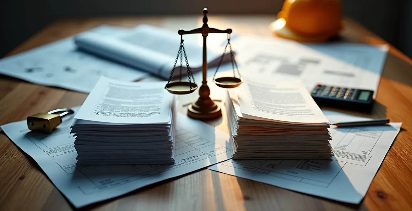Vue aérienne de deux documents contractuels côte à côte sur une table de travail avec calculatrice et plans de construction