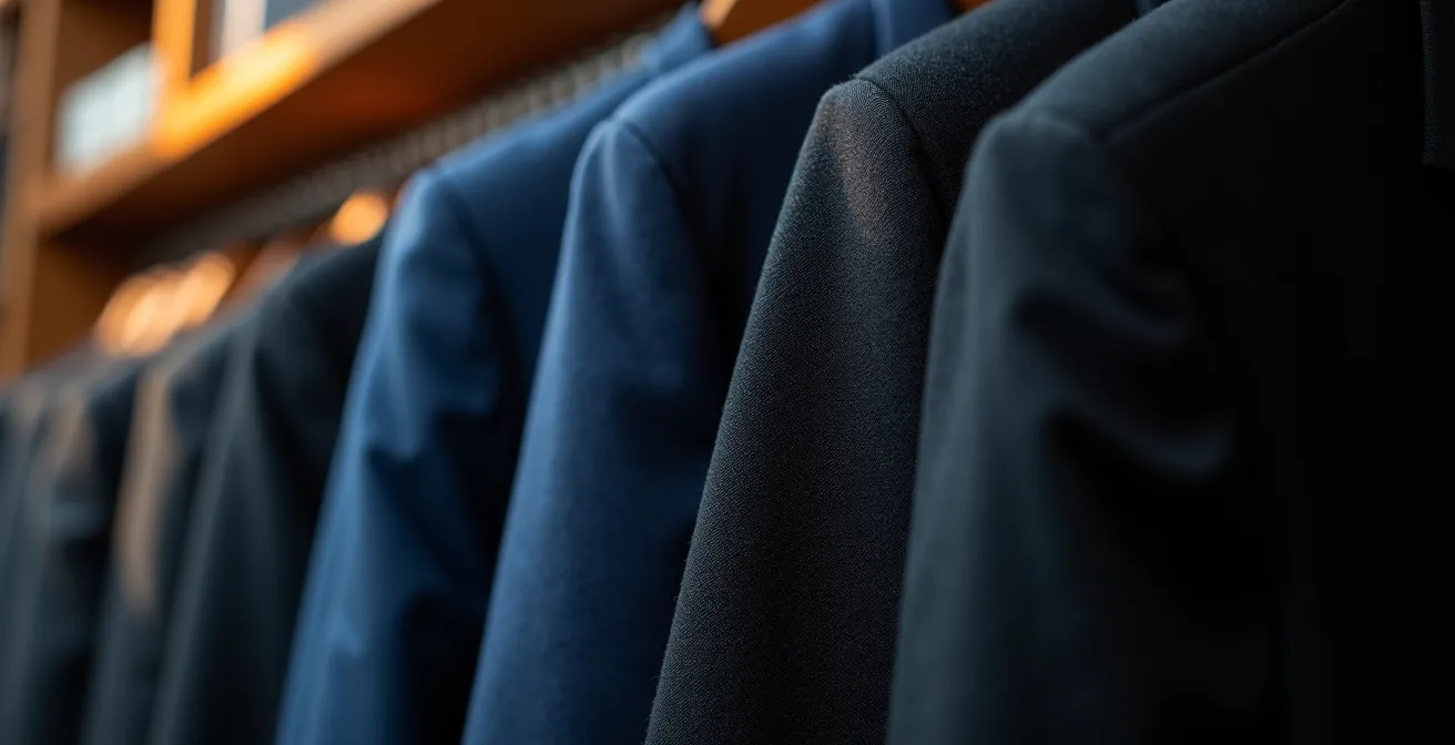 Comparaison visuelle de vêtements bleu marine et noirs sous différents éclairages LED dans un walk-in