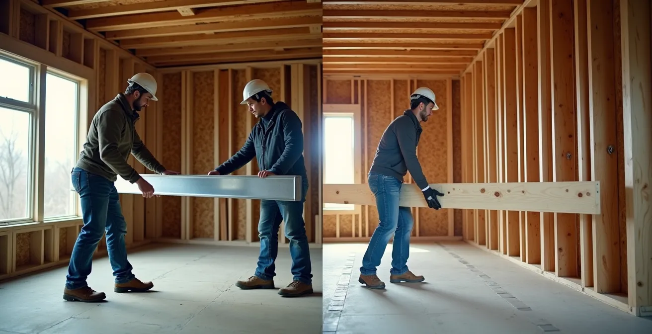 Comparaison visuelle entre une poutre d'acier et une poutre en bois lamellé lors de l'installation