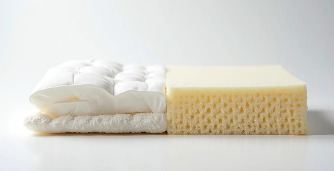 Vue macro en coupe transversale montrant la structure interne de deux types de rembourrages de canapé