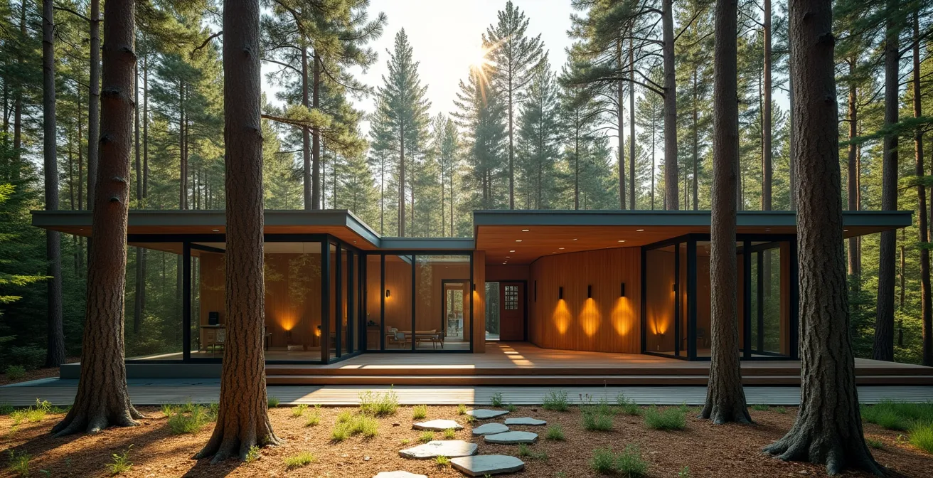 Juxtaposition visuelle de deux maisons dans la forêt laurentienne, l'une moderne aux lignes géométriques, l'autre contemporaine avec matériaux locaux