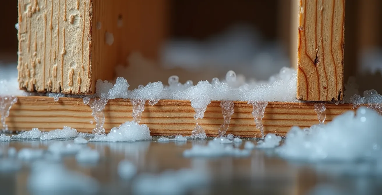 Vue macro de gouttelettes de condensation à l'intérieur d'un mur isolé montrant l'accumulation d'humidité