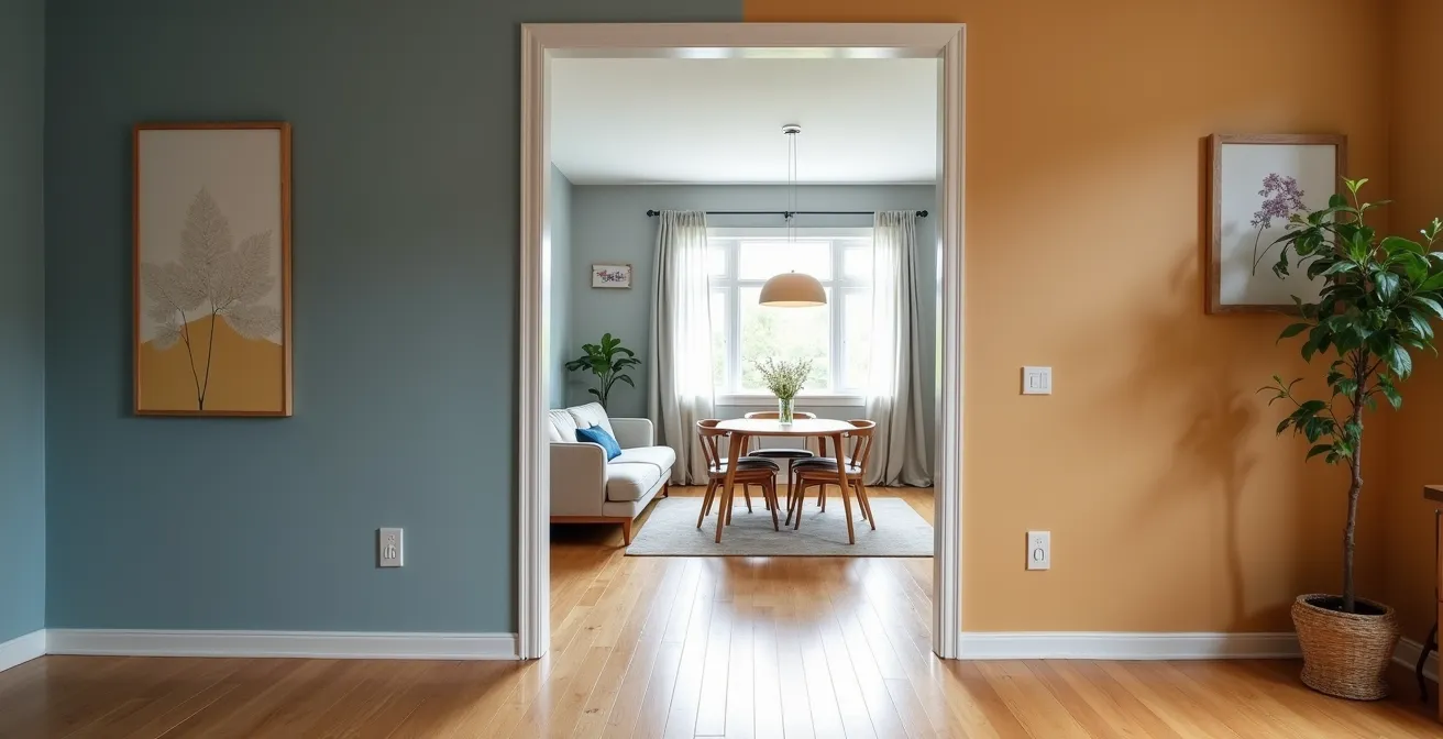 Vue en perspective montrant la continuité visuelle entre salon et salle à manger avec palette 60-30-10