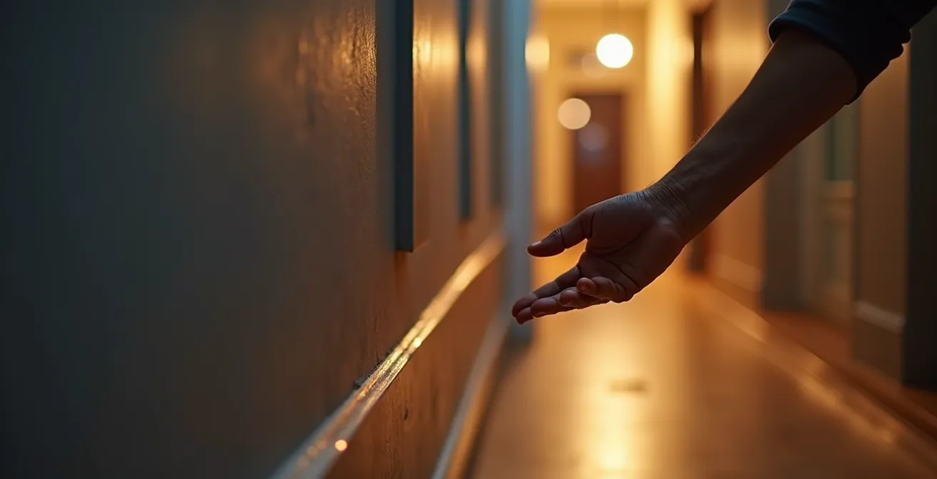 Couloir avec rangements muraux minimalistes et éclairage LED au niveau des plinthes pour sécurité nocturne