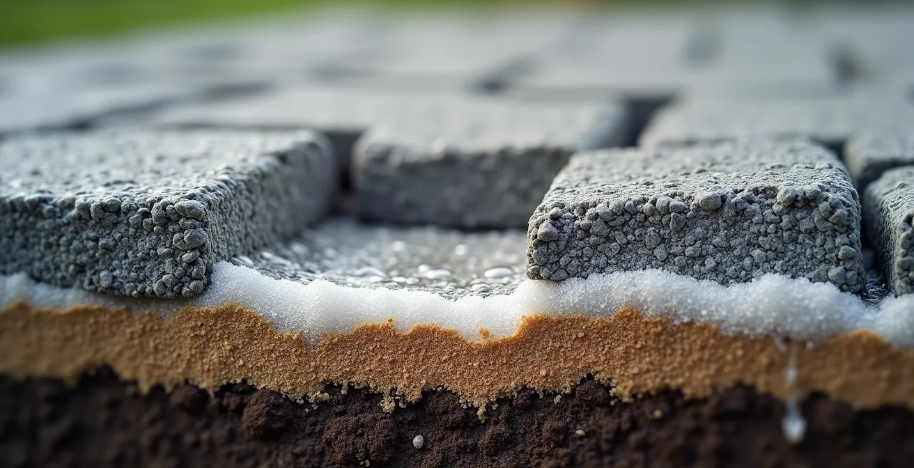 Coupe technique montrant les différentes couches de fondation d'un pavé perméable sans texte