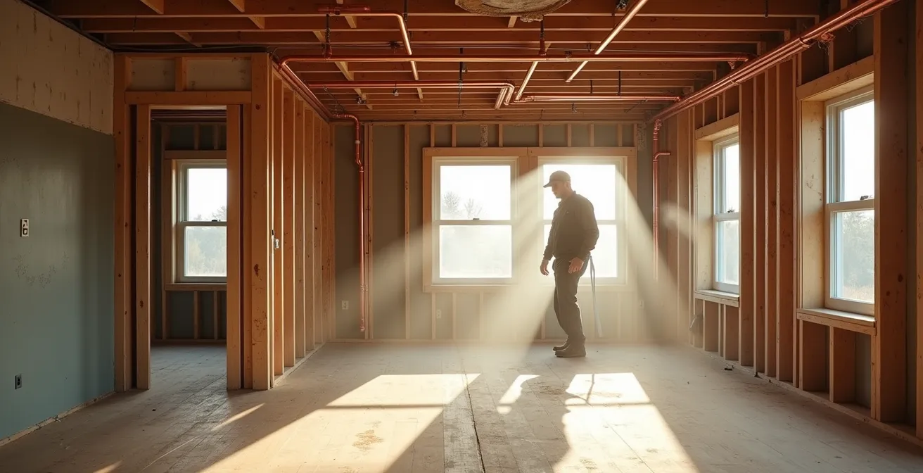 Vue grand angle d'un salon en rénovation avec murs ouverts révélant plomberie et électricité complexes derrière les cloisons