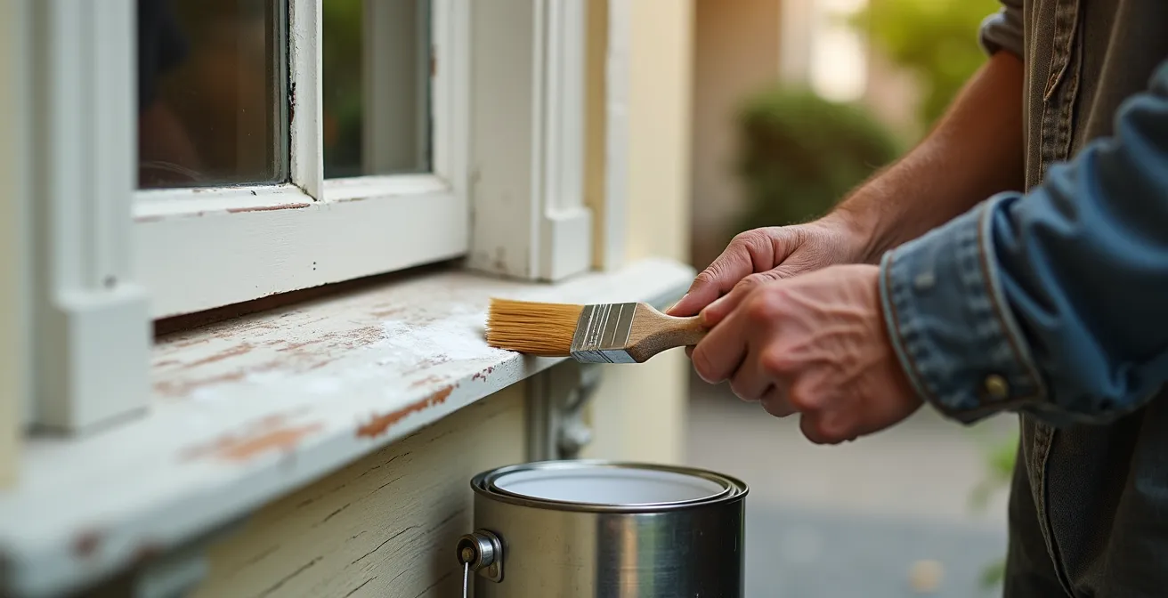 Détail architectural d'une corniche en bois fraîchement peinte montrant la qualité de finition