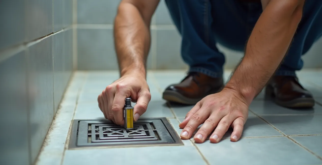 Installation professionnelle d'un drain linéaire de douche avec vérification de la pente