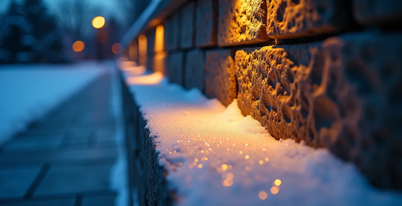 Éclairage extérieur mettant en valeur l'architecture d'une maison en soirée hivernale