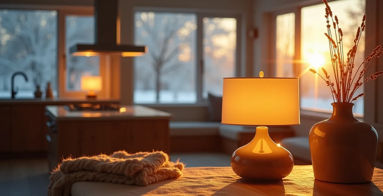 Salon avec éclairage circadien montrant différentes zones lumineuses