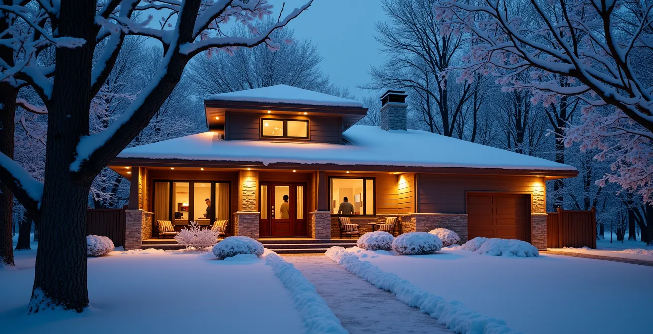Maison canadienne en soirée hivernale avec éclairage architectural stratégique mettant en valeur les volumes