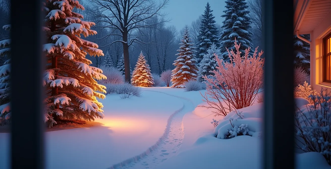 Jardin hivernal canadien illuminé avec conifères enneigés et jeux de lumière créant une ambiance féerique visible depuis l'intérieur