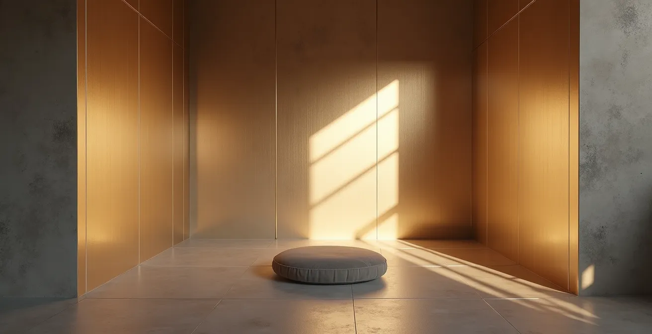 Éclairage indirect créant une ambiance douce sans miroirs directs dans un espace yoga