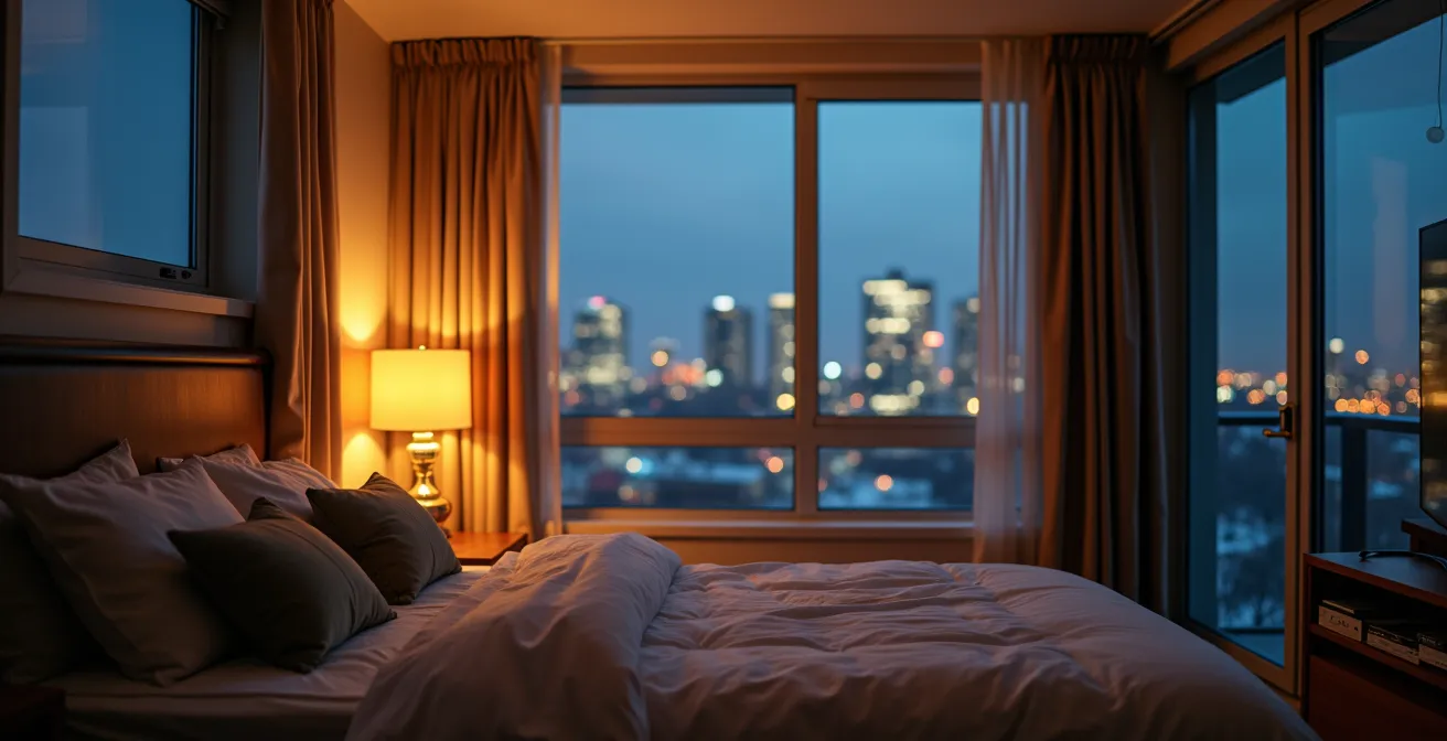 Salon de condo avec éclairage ambiant, tâche et accent créant une atmosphère chaleureuse