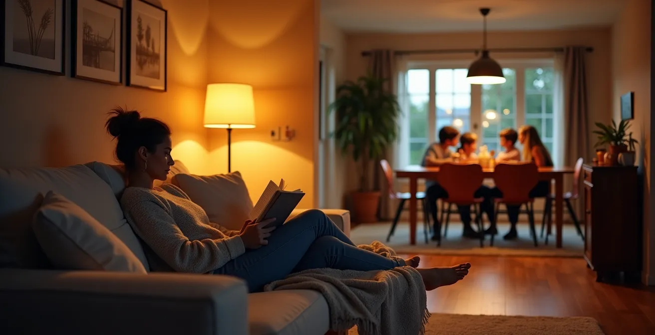 Salon moderne avec différentes zones d'éclairage, une chaude pour la lecture et une plus neutre pour le repas, créant des ambiances distinctes.