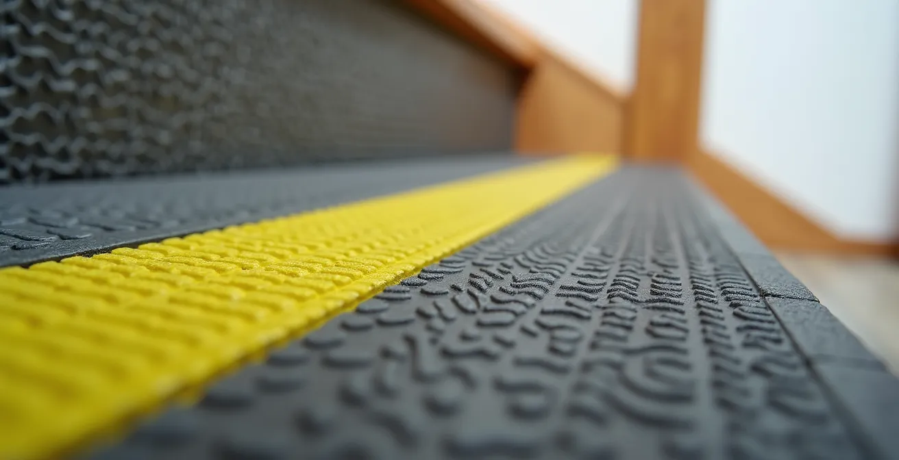 Gros plan sur des marches d'escalier avec nez de marche contrastants et surface antidérapante texturée