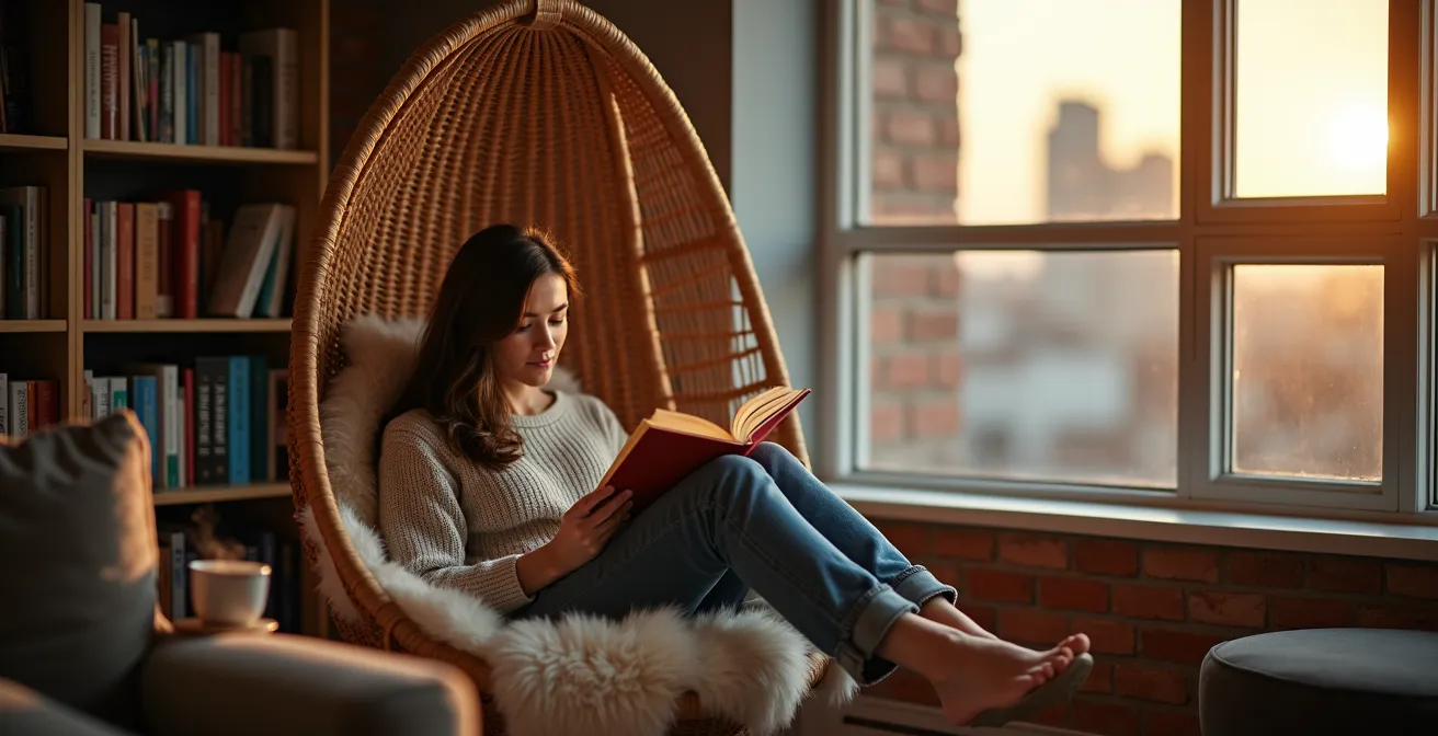 Fauteuil suspendu en macramé dans un coin lecture avec vue sur fenêtre canadienne