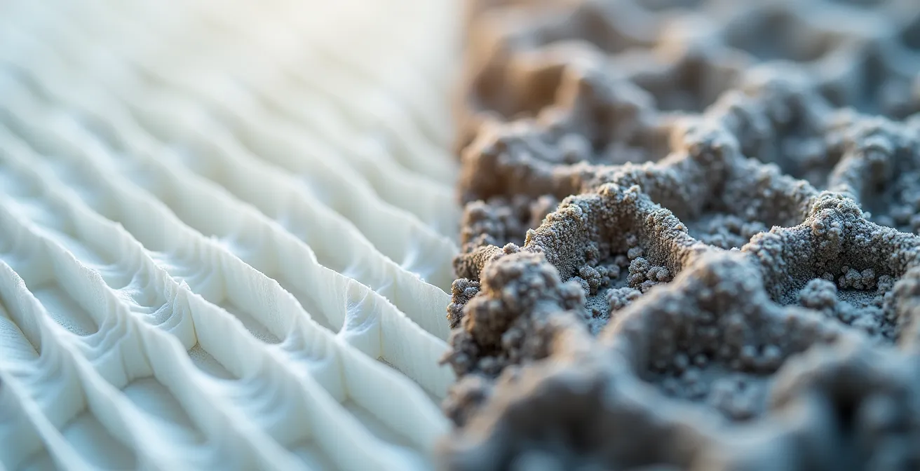 Vue macro de deux filtres de fournaise côte à côte montrant la différence d'encrassement