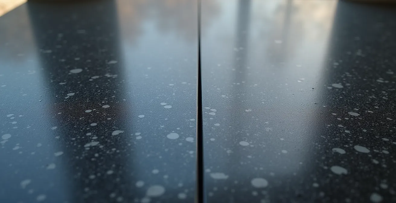 Comparaison côte à côte d'un comptoir quartz foncé poli et mat sous éclairage rasant montrant les traces de doigts