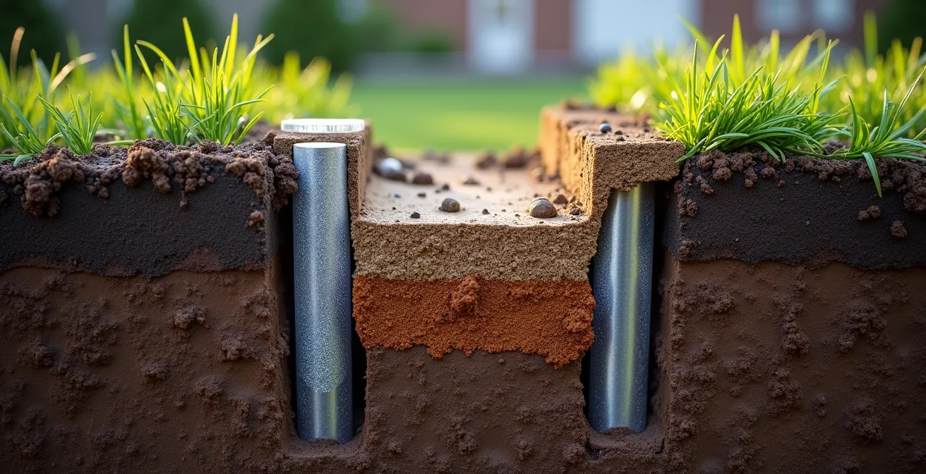 Coupe transversale montrant l'installation de pieux vissés et Sonotubes sous la ligne de gel au Québec