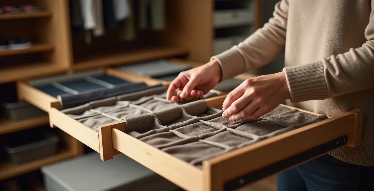 Vue détaillée de l'intérieur d'une armoire avec séparateurs ajustables et tiroirs coulissants