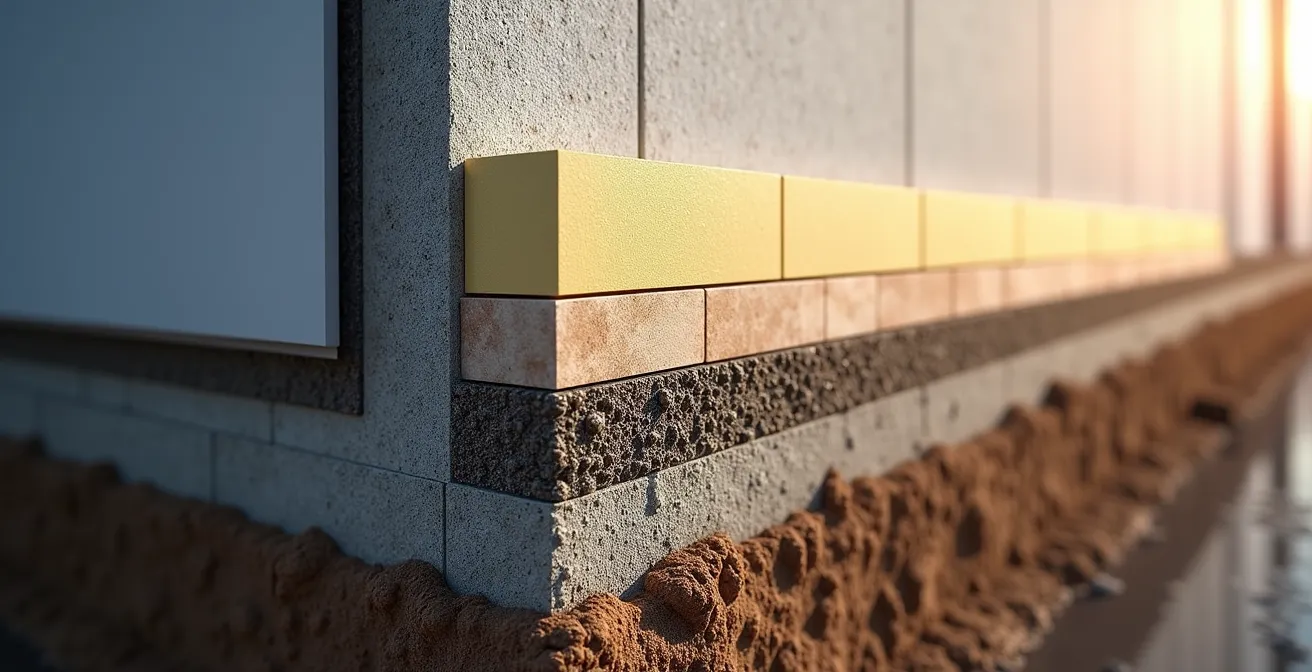 Coupe transversale d'une fondation de maison avec isolation extérieure et système de drainage