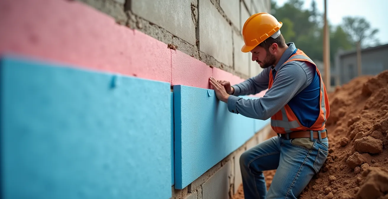 Vue latérale d'une fondation de maison avec excavation et pose de panneaux isolants rigides à l'extérieur