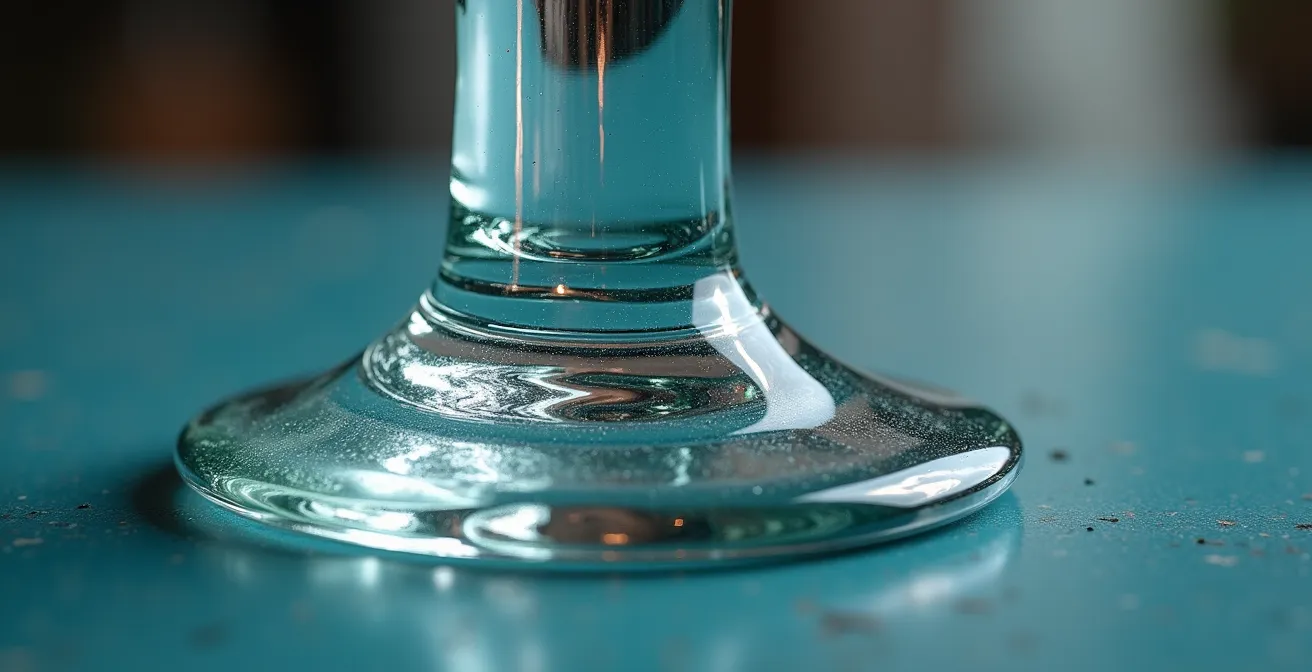 Détail macro de la marque du pontil sur la base d'un vase en verre soufflé montrant la cicatrice caractéristique