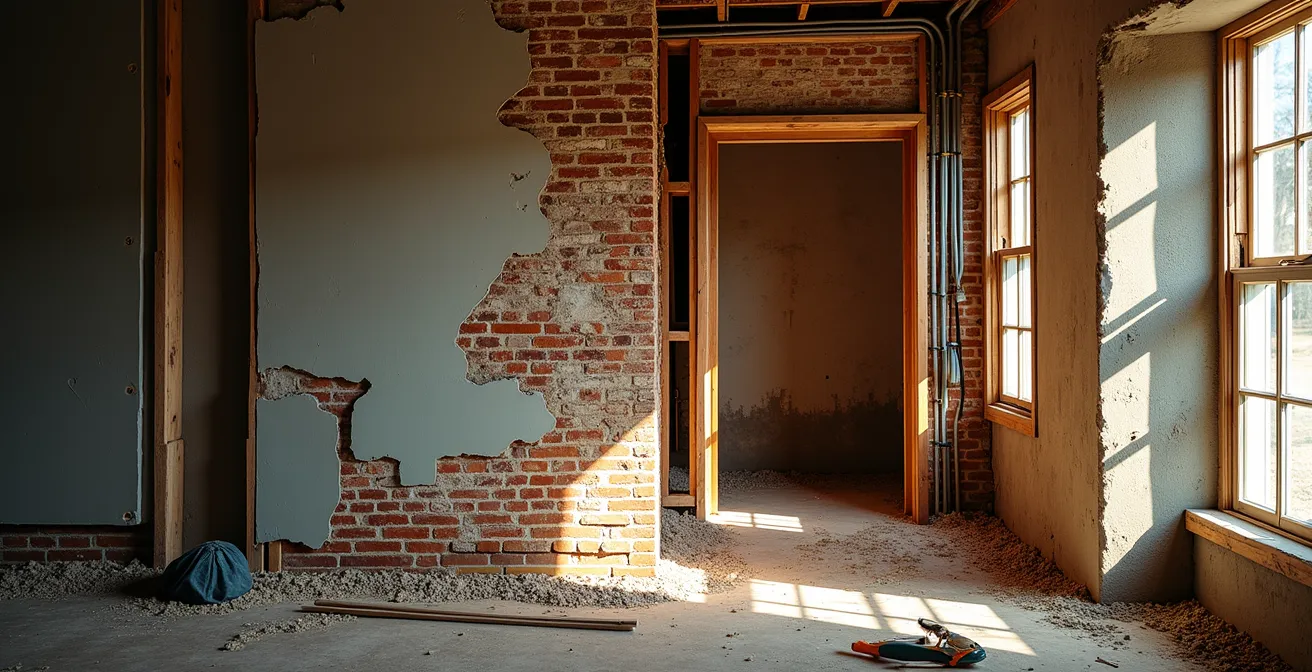 Vue détaillée d'une maison centenaire en cours de rénovation montrant les différentes couches de construction exposées