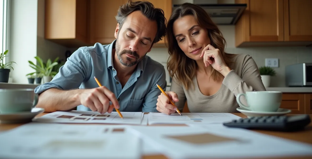 Couple consultant des documents financiers avec calculatrice et plans de rénovation sur table