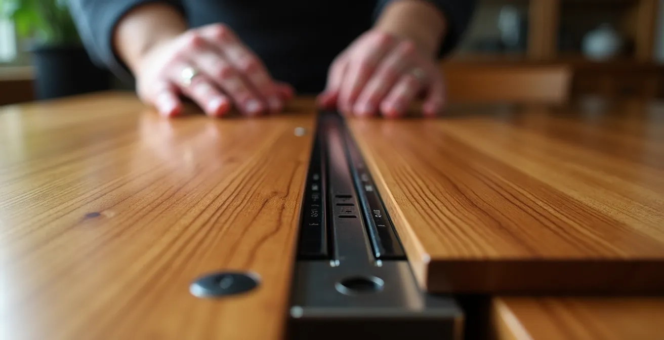 Gros plan sur les mains manipulant un mécanisme de rallonge papillon intégré dans une table en érable massif