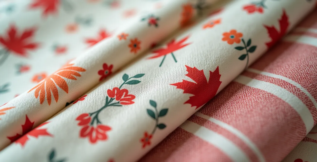 Salon canadien moderne avec harmonie de motifs floraux et rayures selon la règle 60-30-10