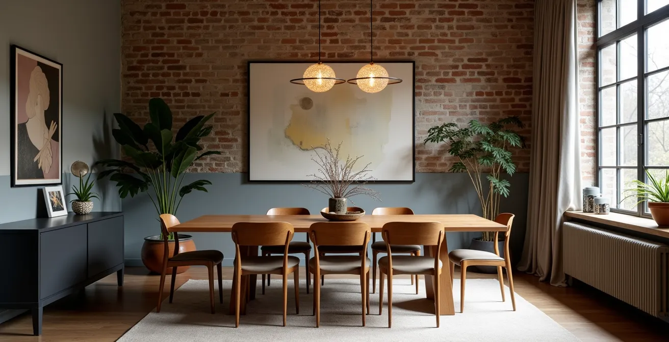 Salle à manger mélangeant table vintage en érable massif et chaises modernes design canadien