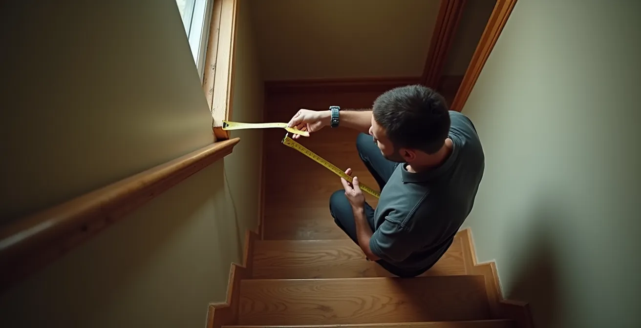 Vue plongeante d'un escalier tournant typique de Montréal avec mètre ruban indiquant les points de mesure critiques