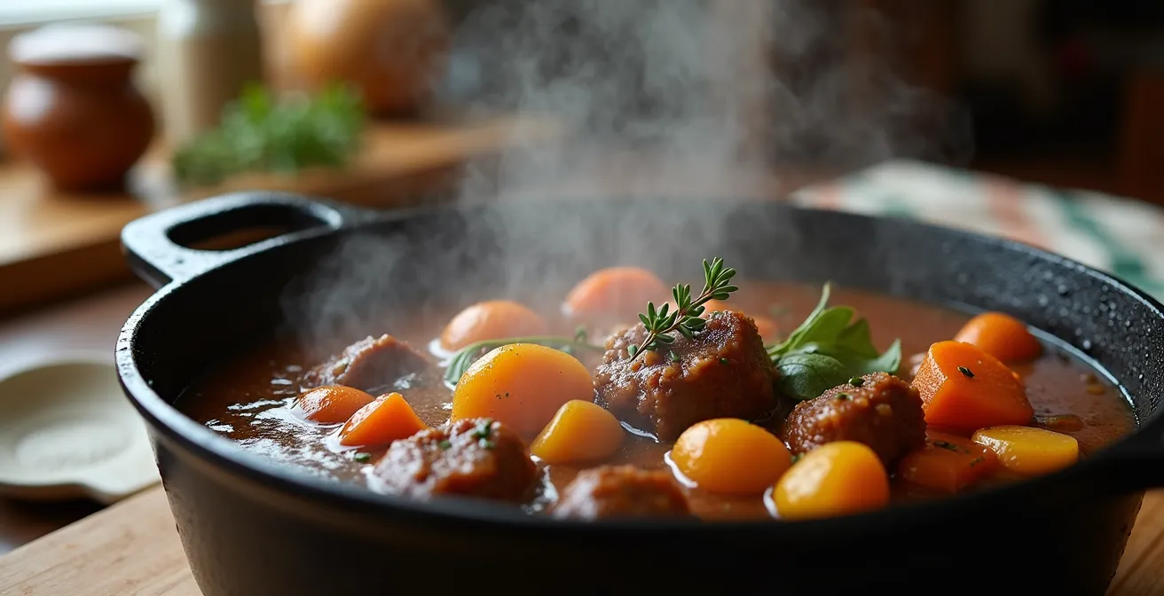 Mijoteuse avec ragoût fumant dans cuisine canadienne chaleureuse