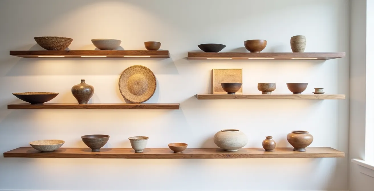 Étagère en bois de grange recyclé présentant une collection d'artisanat canadien avec éclairage muséal